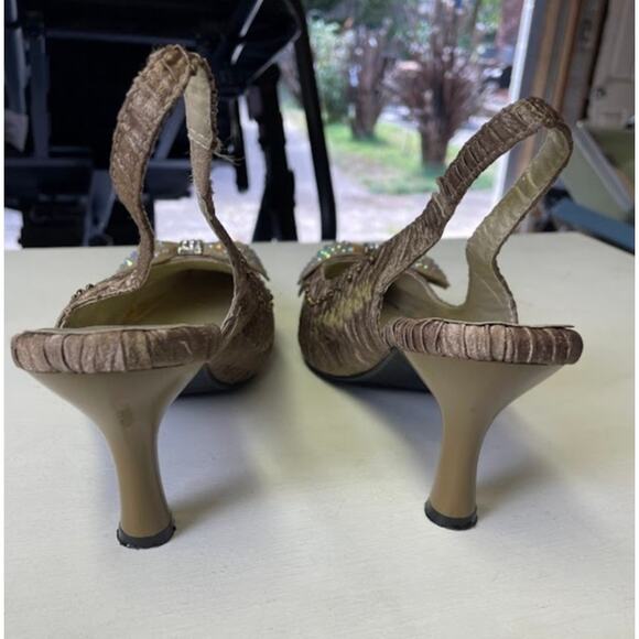 Sling Back Kitten Heels Champaign Embellished Bow Whimsical Dress Shoes Fairy - Picture 5 of 12